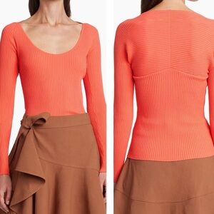 A.L.C. Ribbed Knit Long Sleeve Top Orange Scoop Neck Fitted Casual Coral small